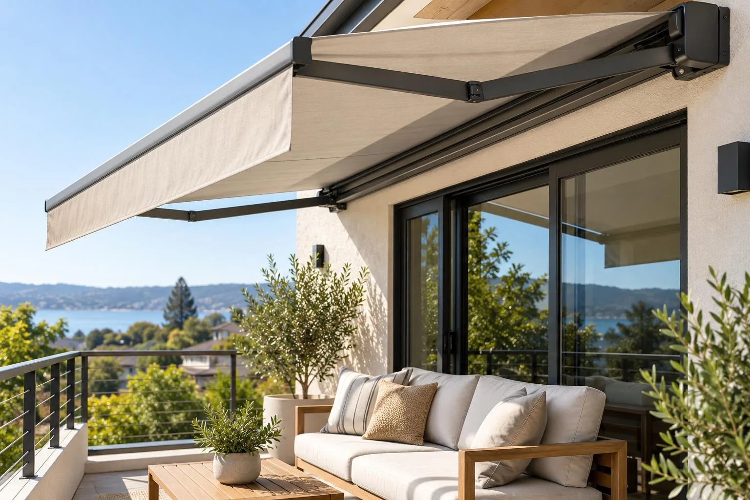 Markise mit sichtbarer Mechanik ueber einem Balkon